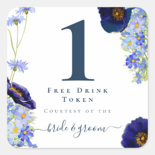 Sticker Carré Jeton de Boisson de Mariage Floral Bleu Moderne