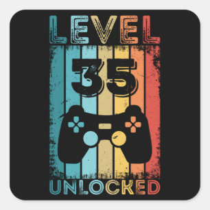 Sticker Carré Jeu de niveau 35 Déverrouillé 35e Gamer Cadeaux 