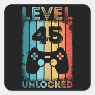 Sticker Carré Jeu de niveau 45 Déverrouillé 45e Gamer Cadeaux 