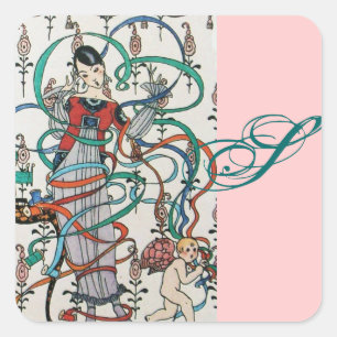 STICKER CARRÉ JEUNE FILLE, COLORÉE DES ÉPAULES DE RIBBON, MONOGR