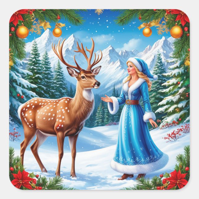 Sticker Carré Jeune Fille de Neige Scène hivernale enchantée (Devant)