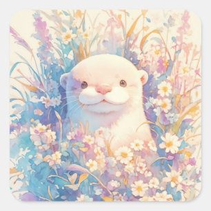 Sticker Carré Jeune loutre blanche mignonne regardant à travers
