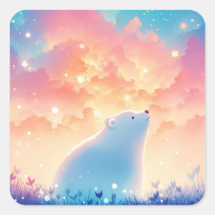 Sticker Carré Jeune ours polaire contemplant une étoile filante