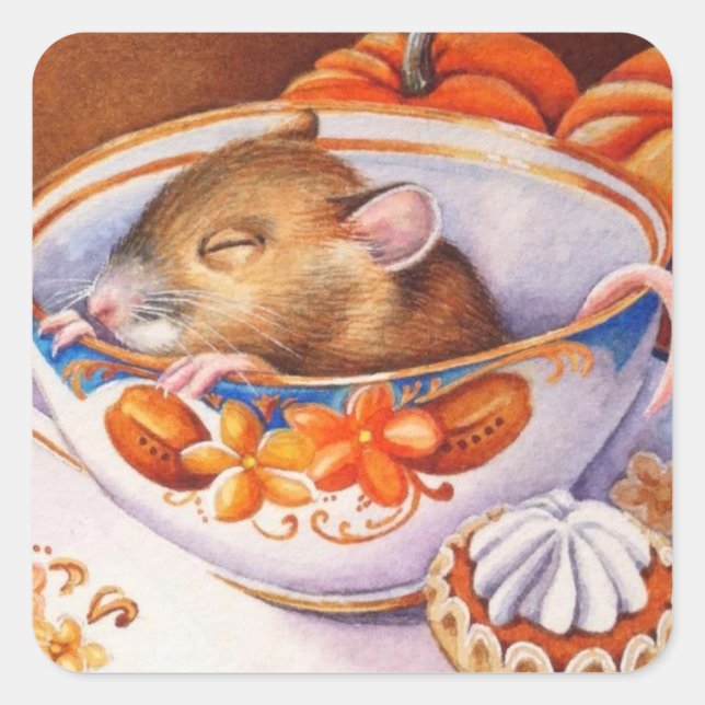 Sticker Carré Jeune souris d'automne coule dans Teacup Aquarelle (Devant)