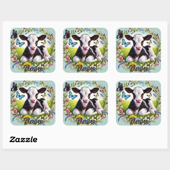 Sticker Carré Jeune veau avec couronne de fleurs et papillons (Feuille)