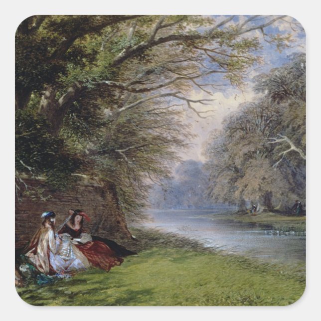 Sticker Carré Jeunes femmes au bord d'une rivière (Devant)