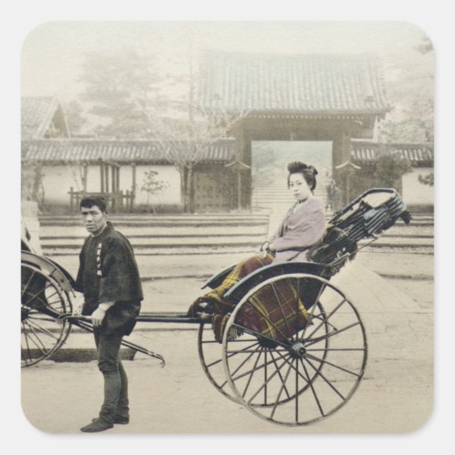 Sticker Carré 'Jinrikisha' devant un temple, vers 1880 (main co (Devant)