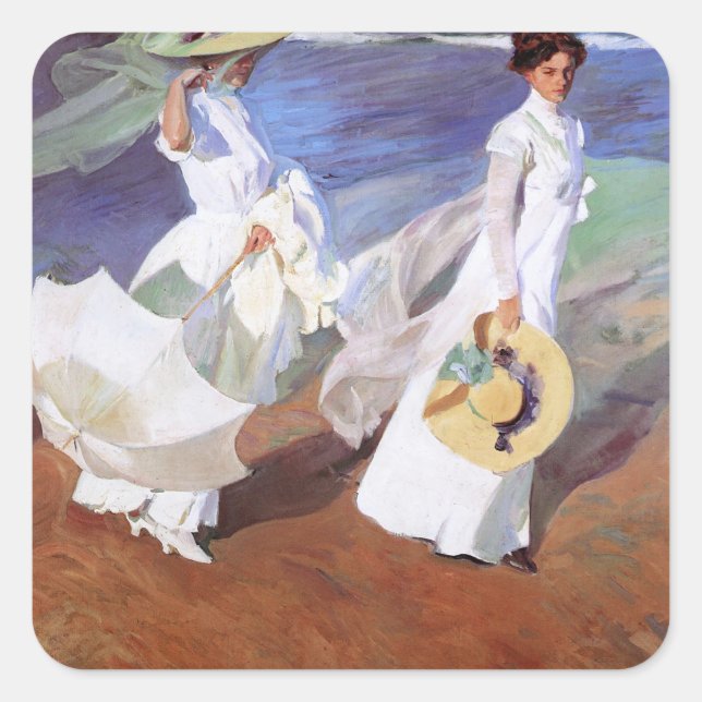 Sticker Carré Joaquin Sorolla Femmes Promenade Plage (Devant)