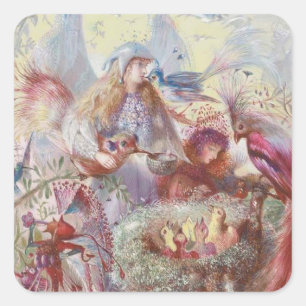 Sticker Carré John Anster Fitzgerald - Fées et un nid d'oiseaux