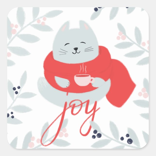 Sticker Carré Joie. Mignonne chat de Noël. Vacances hivernales (Devant)