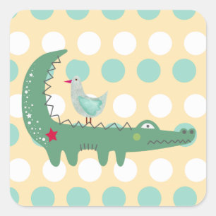 Sticker Carré Joli Alligator Vert avec des Points de Mouette