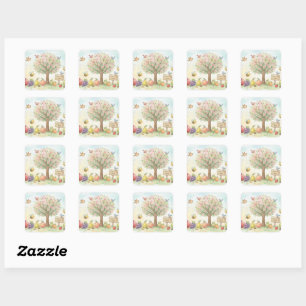 Sticker Carré Joli Arbre Fleurissant de Tu Bishvat à l'Aquarelle