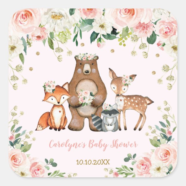 Sticker Carré Joli Baby shower boisé / Forêt florale (Devant)
