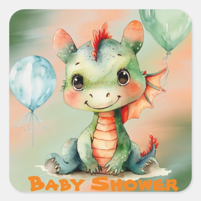 Sticker Carré Joli Baby shower Dragon Orange Vert (Devant)