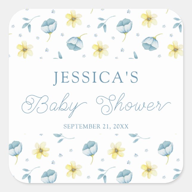 Sticker Carré Joli Baby shower Floral Jaune Bleu Favoriser (Devant)
