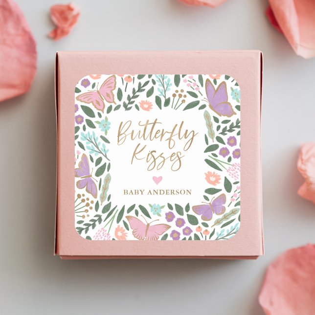 Sticker Carré Joli Baby shower Pastel Butterfly Kisses (Créateur téléchargé)
