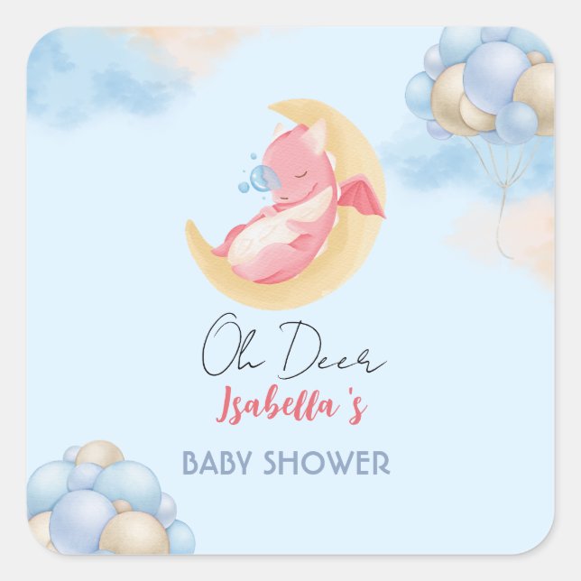 Sticker Carré Joli bébé dragon dinosaure Balloon baby shower (Devant)