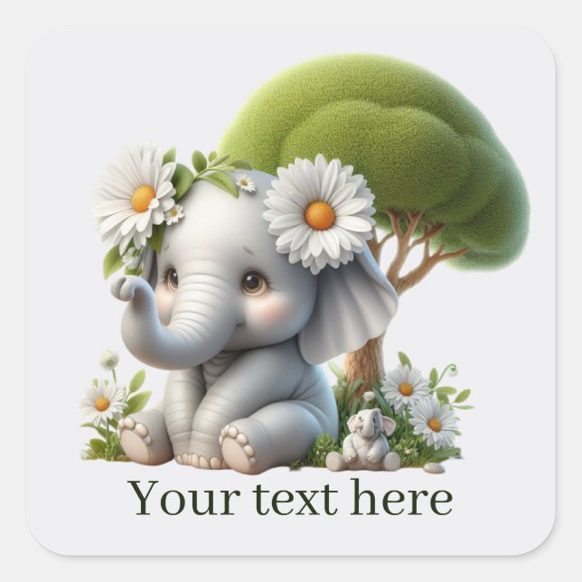 Sticker Carré Joli bébé éléphant ajouter du texte (Devant)