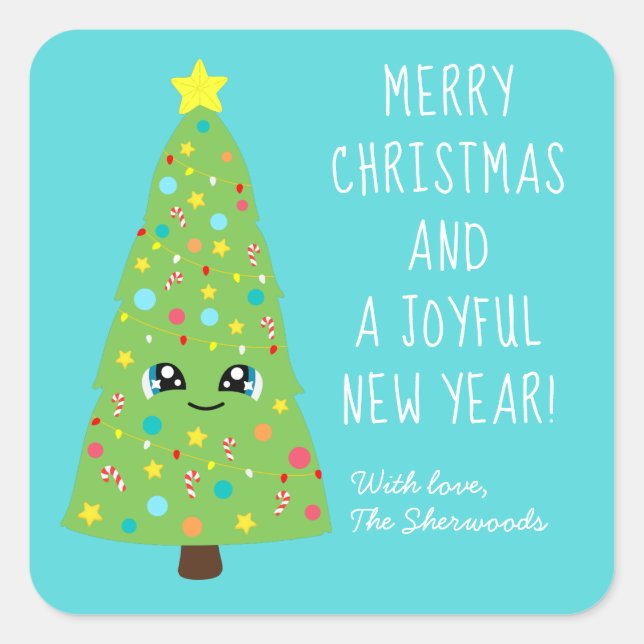 Sticker Carré Joli bleu Kawaii Arbre de Noël Cartographie Joyeux (Devant)