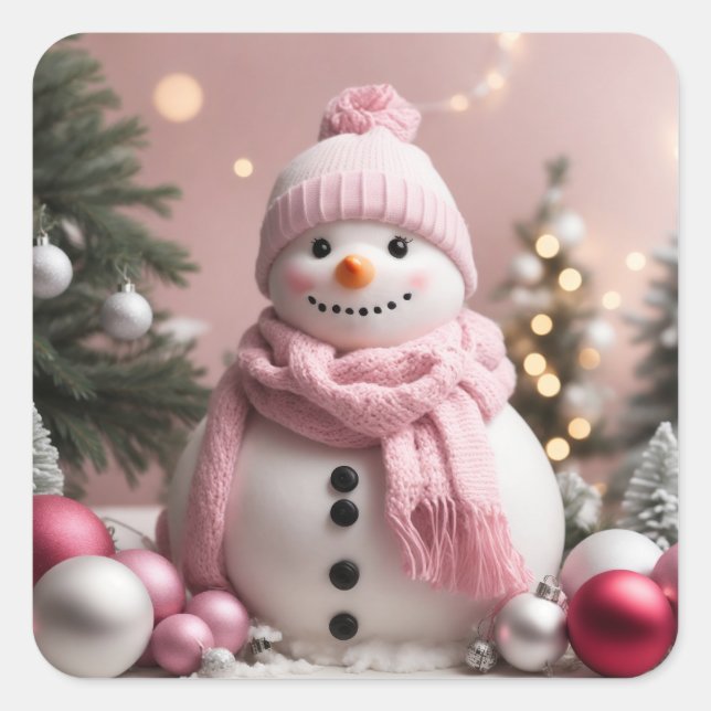 Sticker Carré Joli bonhomme de Noël rose (Devant)