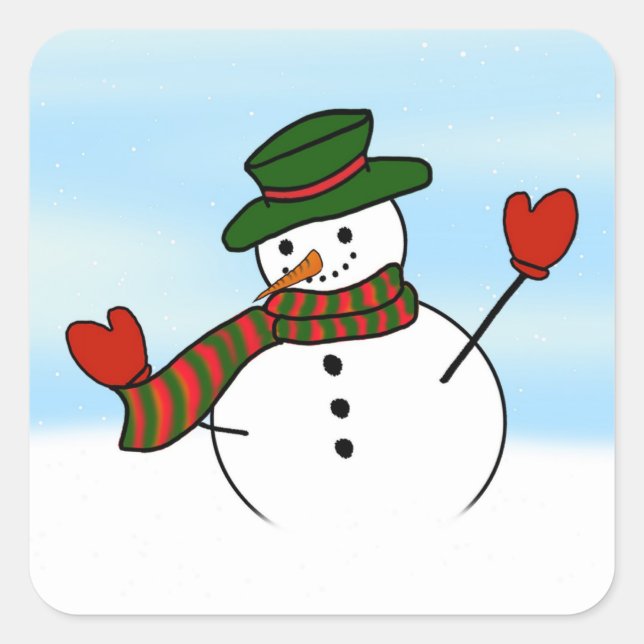 Sticker Carré Joli Cartoon Snowman avec Casquette vert et Mitten (Devant)