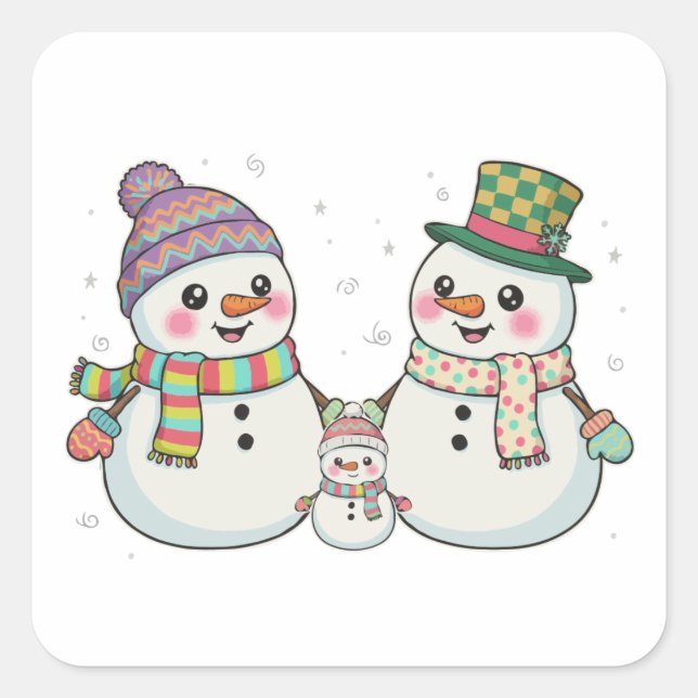 Sticker Carré Joli Cartoon Snowman Famille Vacances d'hiver (Devant)