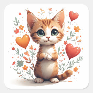 Sticker Carré Joli Chat Avec Cœurs De Fleurs Et Sourire 🐾
