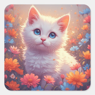Sticker Carré Joli Chat Blanc Avec Fleurs 💖