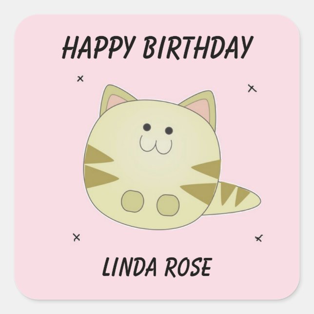 Sticker Carré Joli chat brun rose motif heureux anniversaire (Devant)