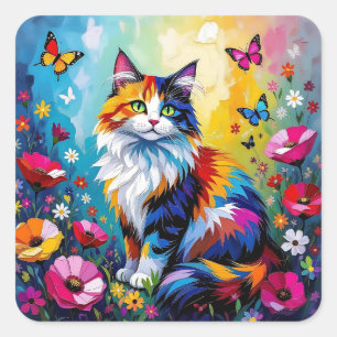 Sticker Carré Joli Chat et Fleurs Impasto Colorés