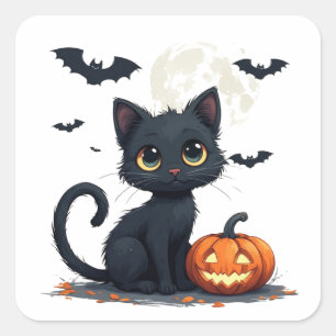 Sticker Carré Joli Chat Noir Avec Chauves-Souris Halloween 🎃