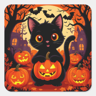Sticker Carré Joli Chat Noir avec des Citrouilles d'Halloween