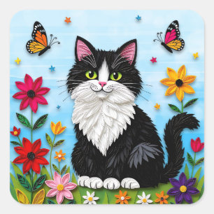 Sticker Carré Joli chat noir et blanc, fleurs et papillons