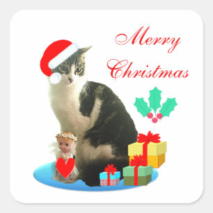 Sticker Carré Joli chat tabby de Noël