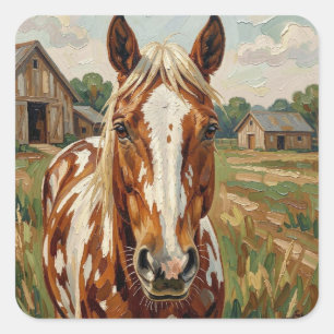 Sticker Carré Joli cheval brun et blanc dans une ferme rustique