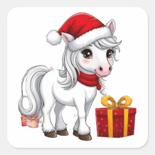 Sticker Carré Joli cheval de Noël avec chapeau de Père Noël