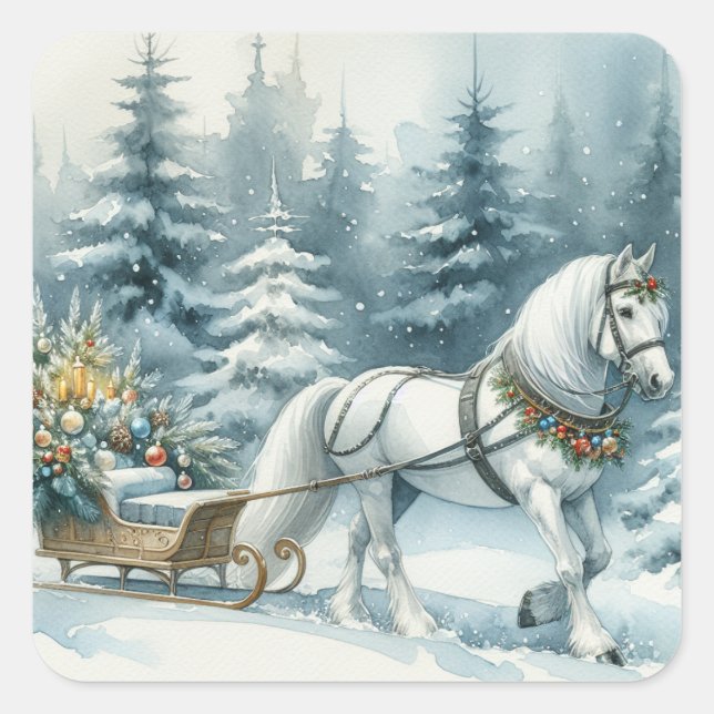 Sticker Carré Joli Cheval d'hiver et un Sleigh de Noël (Devant)