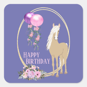 Sticker Carré Joli Cheval et Fleurs Pink Périwinkle Anniversaire