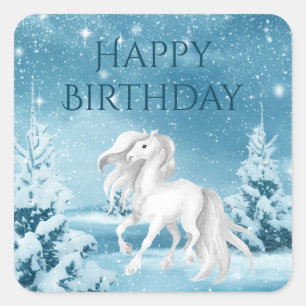 Sticker Carré Joli Cheval sur la nuit d'hiver neige Bonne Annive