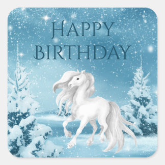 Sticker Carré Joli Cheval sur la nuit d'hiver neige Bonne Annive