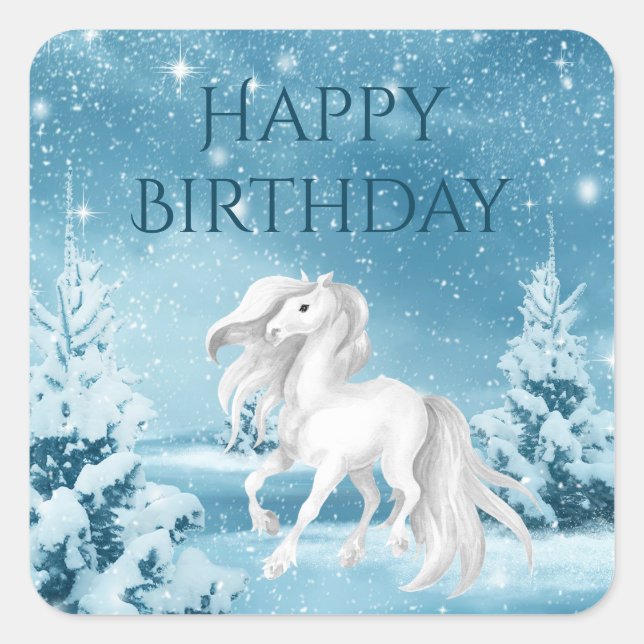 Sticker Carré Joli Cheval sur la nuit d'hiver neige Bonne Annive (Devant)