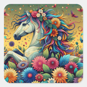 Sticker Carré Joli Cheval Whimsical en Fleurs Colorées