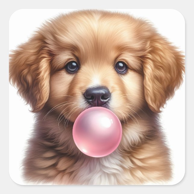 Sticker Carré Joli Chien Chien Brown Poussant Bubble Gum (Devant)