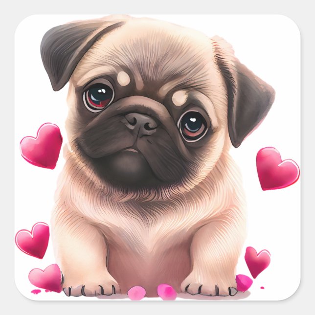 Sticker Carré Joli chien pug pour la Saint-Valentin (Devant)