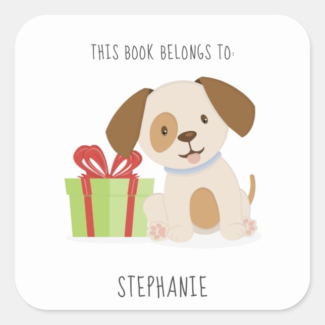 Sticker Carré Joli chiot Ce livre appartient à (Devant)