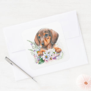 Sticker Carré Joli chiot teckel à l'aquarelle florale