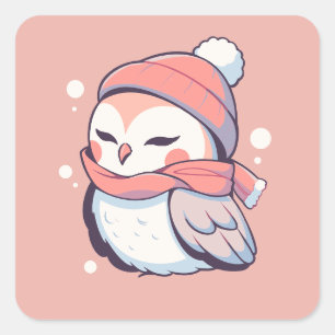 Sticker Carré Joli Chouette de Noël rose d'hiver Kawaii