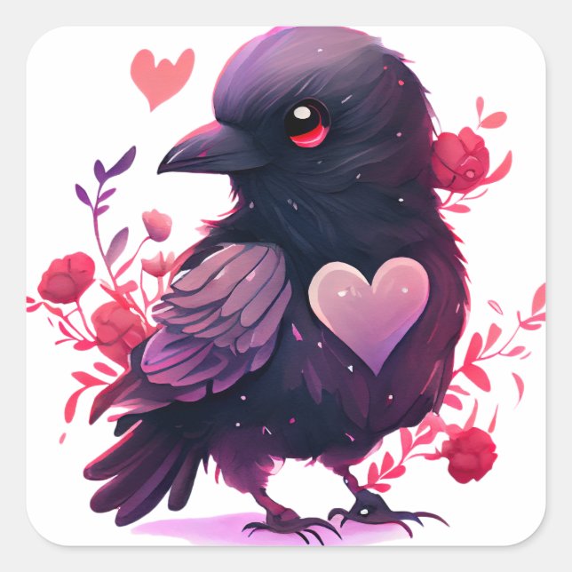 Sticker Carré Joli cœur oiseau noir de la Saint-Valentin (Devant)