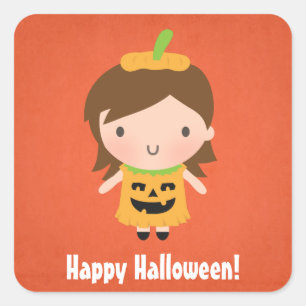 Sticker Carré Joli costume de citrouille d'Halloween pour fille 