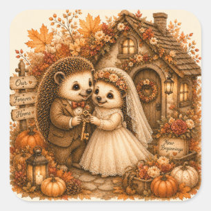 Sticker Carré Joli Couple de Jeunes Mariés Hérissons Mariage en 